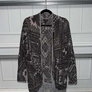 Lucky Brand Aztec Tribal Fringe Open Front Cardigan Sweater (S)